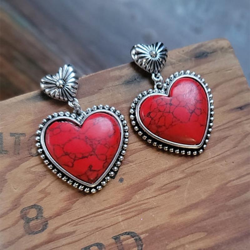 Western Style Heart Red Turquoise Earrings