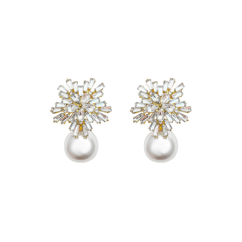 Zircon Snowflake Pearl Earrings