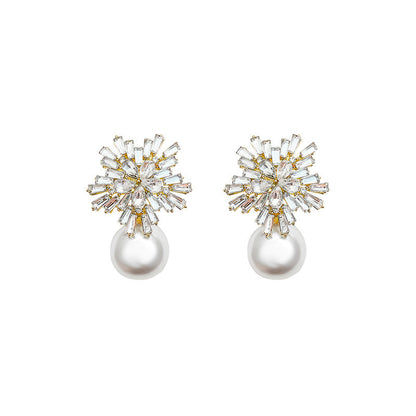 Zircon Snowflake Pearl Earrings