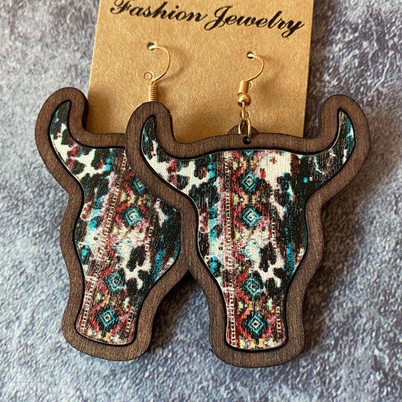 Western Vintage Bull Head Inlaid Wooden Earrings