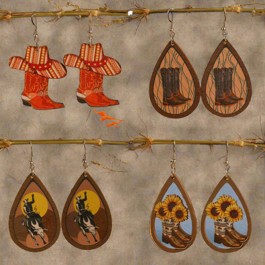 Western Cowboy Boots Hat Teardrop Shape Wooden Earrings