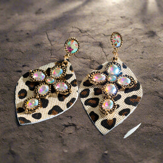 Vintage Western Leopard Print Inlaid Turquoise Leather Earrings