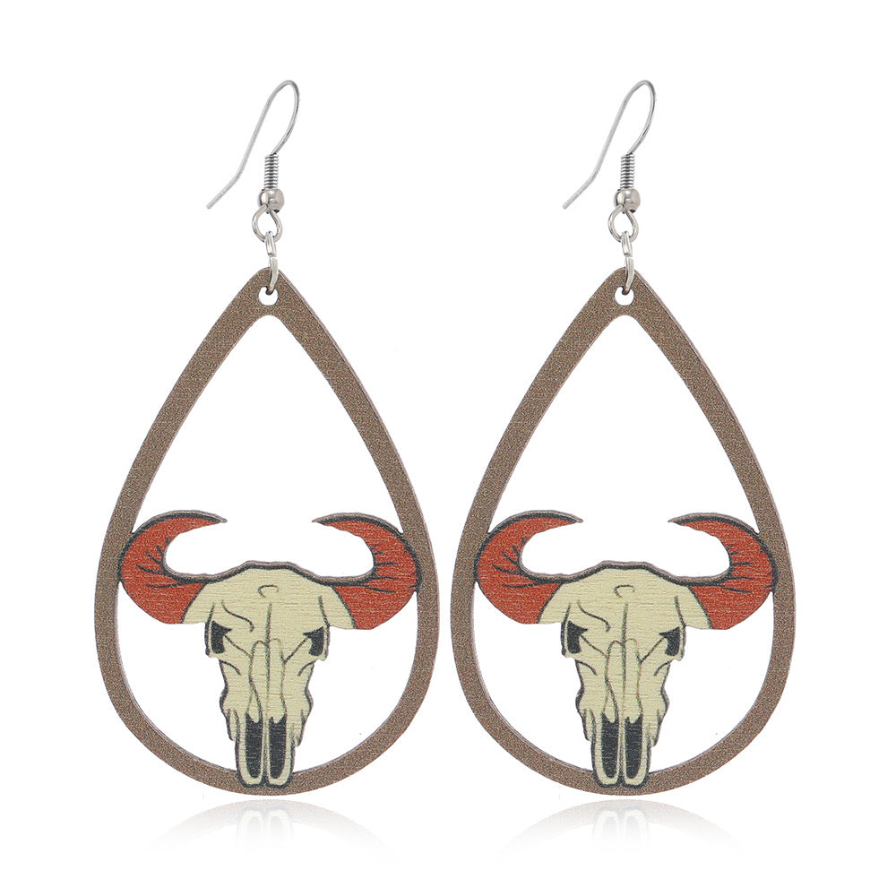 Western Style Sunflower Bull Head Wooden Earrings