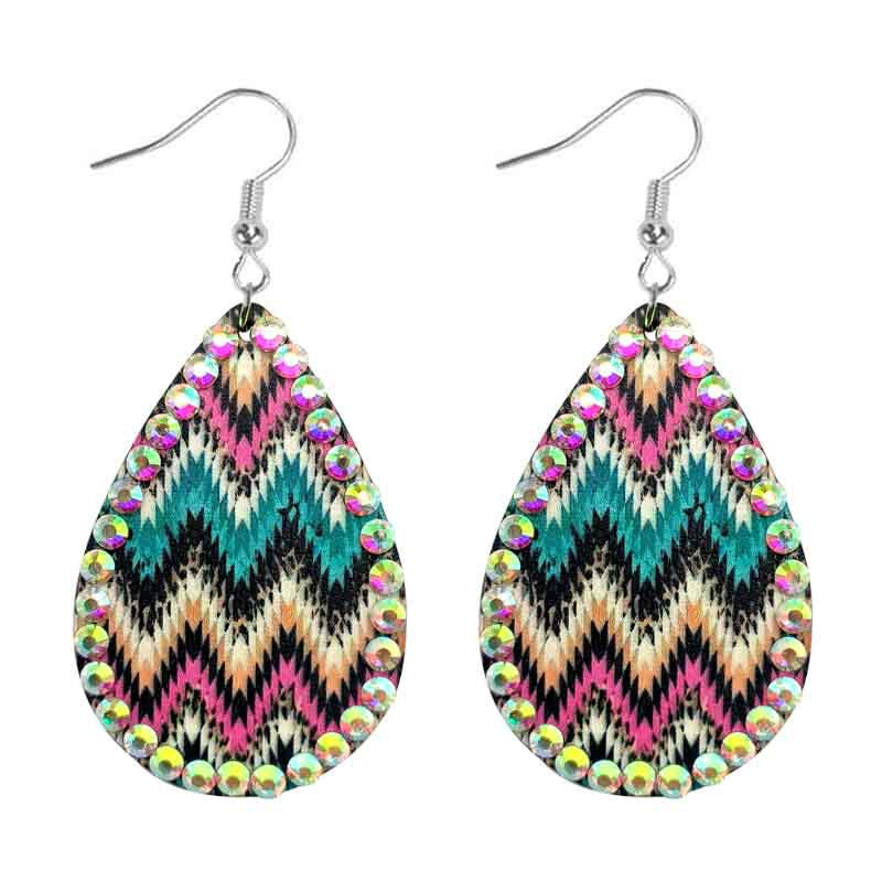 Western Style Aztec Diamond Studded Leather Drop Earrings