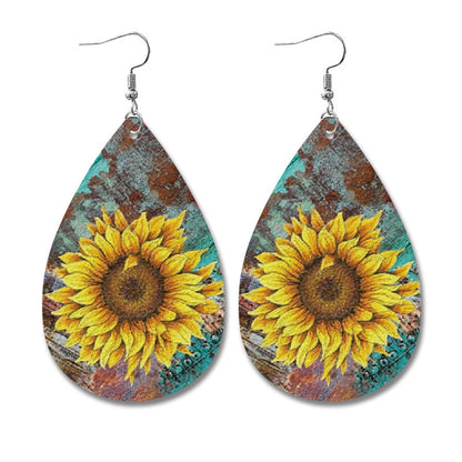 Western Style Sunflower Cow Leather Earrings