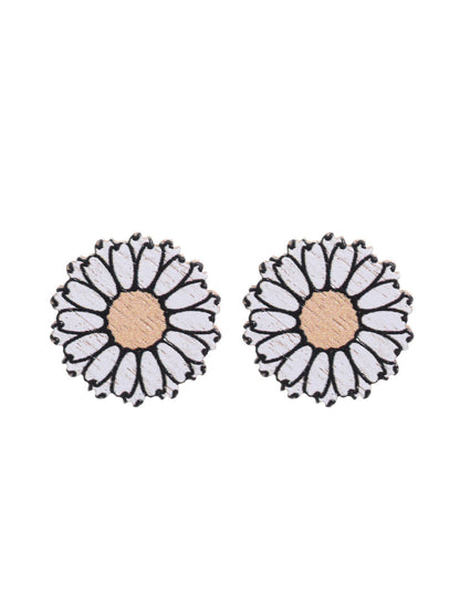 Western Style Sunflower Flower Chrysanthemum Pattern Wooden Earrings