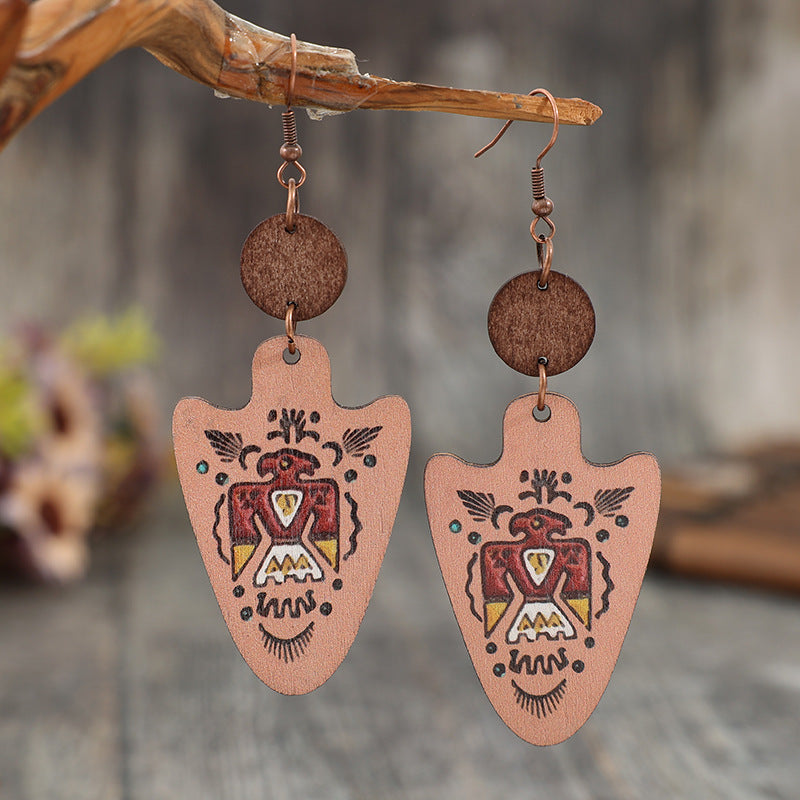 Western Vintage Style Arrow Carved Cactus Wooden Earrings