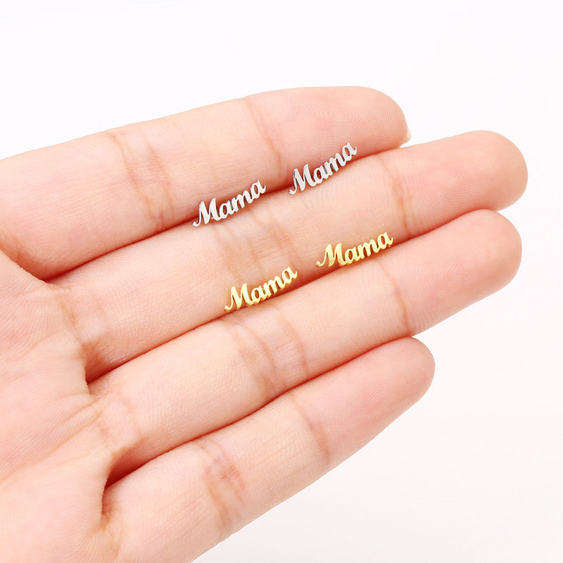 Wholesale Mother's Day Titanium Steel Letters Gold Plated Ear Studs