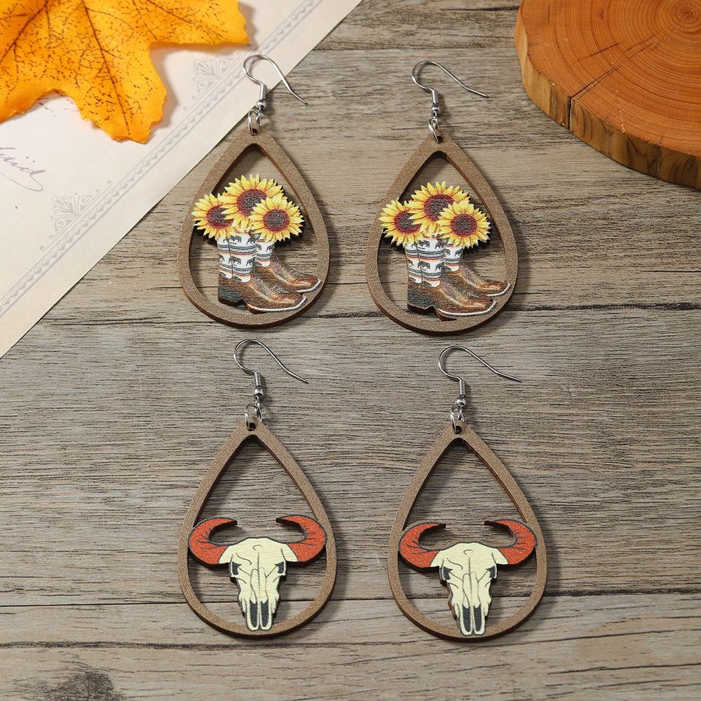 Western Style Sunflower Bull Head Wooden Earrings