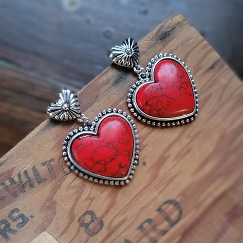 Western Style Heart Red Turquoise Earrings