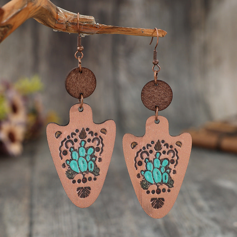 Western Vintage Style Arrow Carved Cactus Wooden Earrings