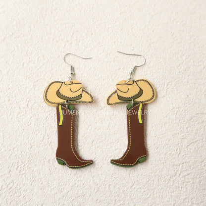 Western Style Cowboy Hats Boots Vintage Acrylic Earrings