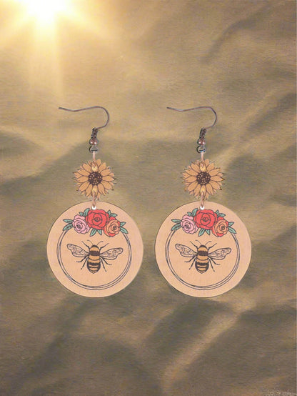 Western Style Butterfly Bee Flower Pattern Wooden Earrings