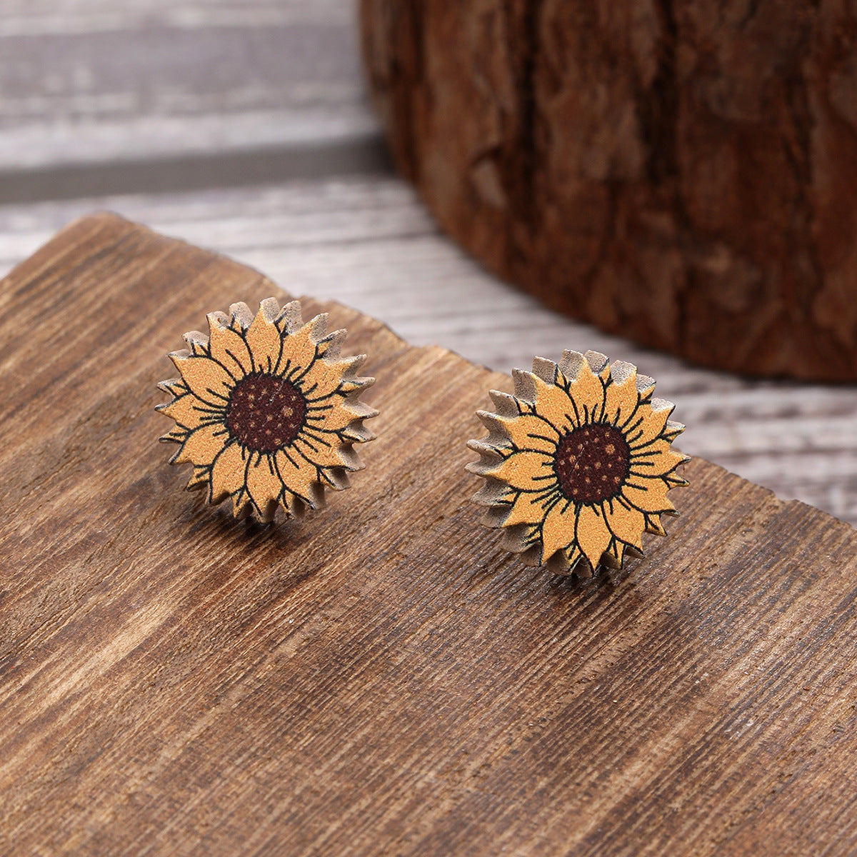 Western Style Sunflower Flower Chrysanthemum Pattern Wooden Earrings