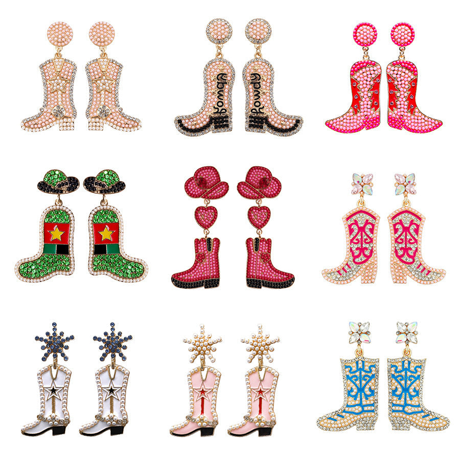 Western Cowboy Hat Alloy Christmas Boots Earrings