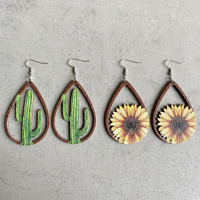 2 Pairs/Pack Western Sunflower Wood Earrings