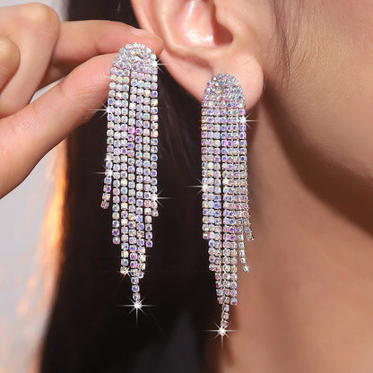 AB Rhinestone Long Tassel Earrings