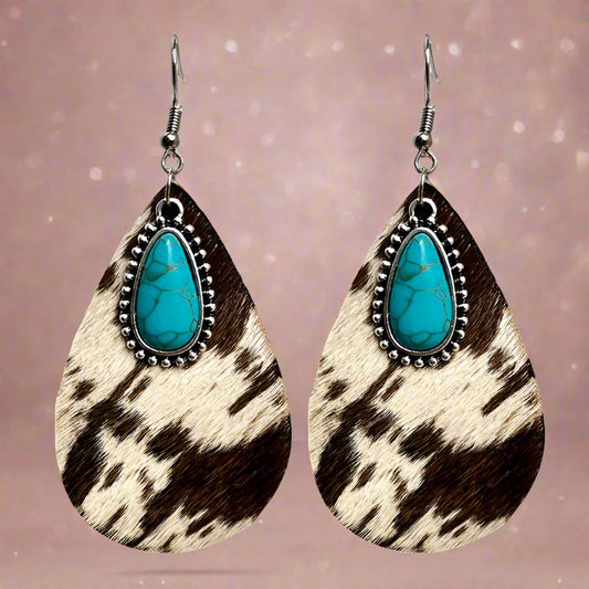 Western Animal Pattern Cowhide Turquoise Metal Earrings