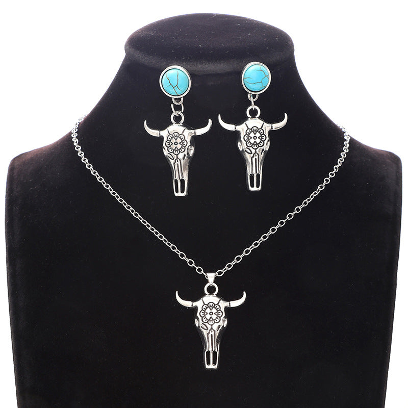 Western Bull Head Skull Chain Alloy Earrings