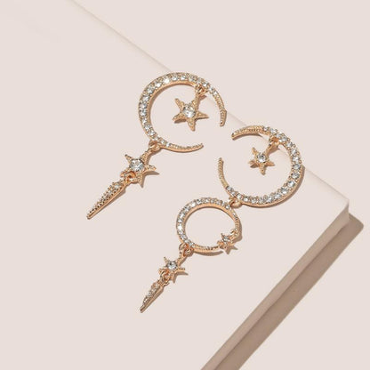 Alloy Diamond Asymmetric Star Moon Earrings