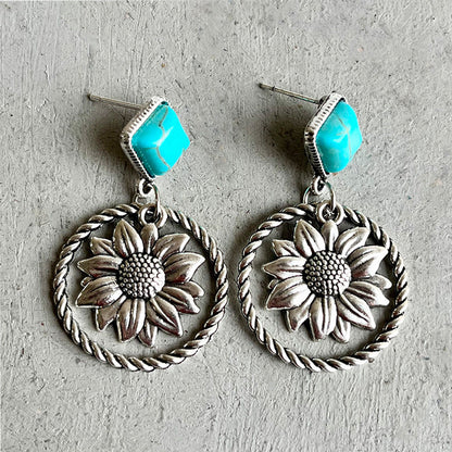 Western Style Cactus Sunflower Alloy Turquoise Earrings