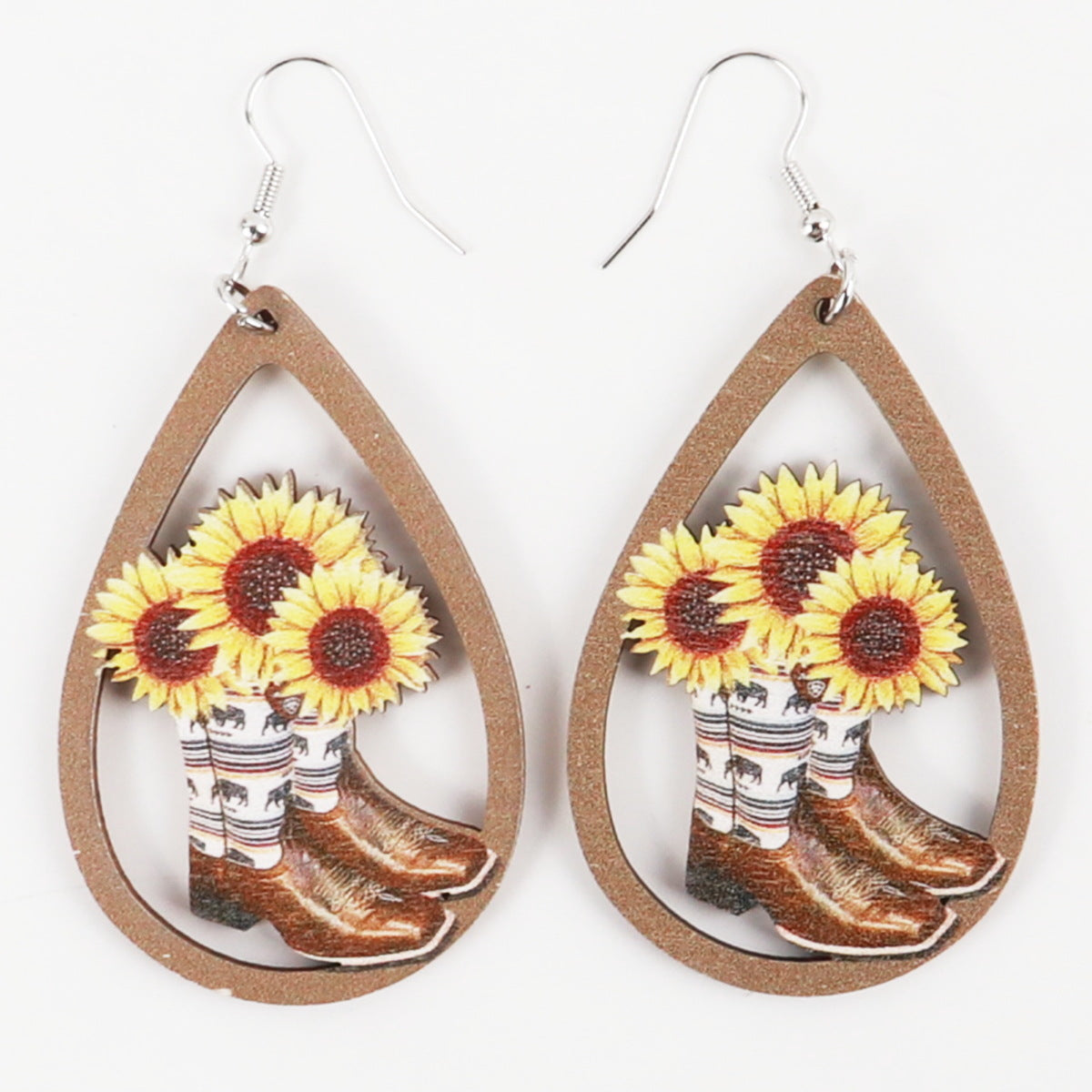 Western Style Sunflower Cow Head Boots Wood Chip