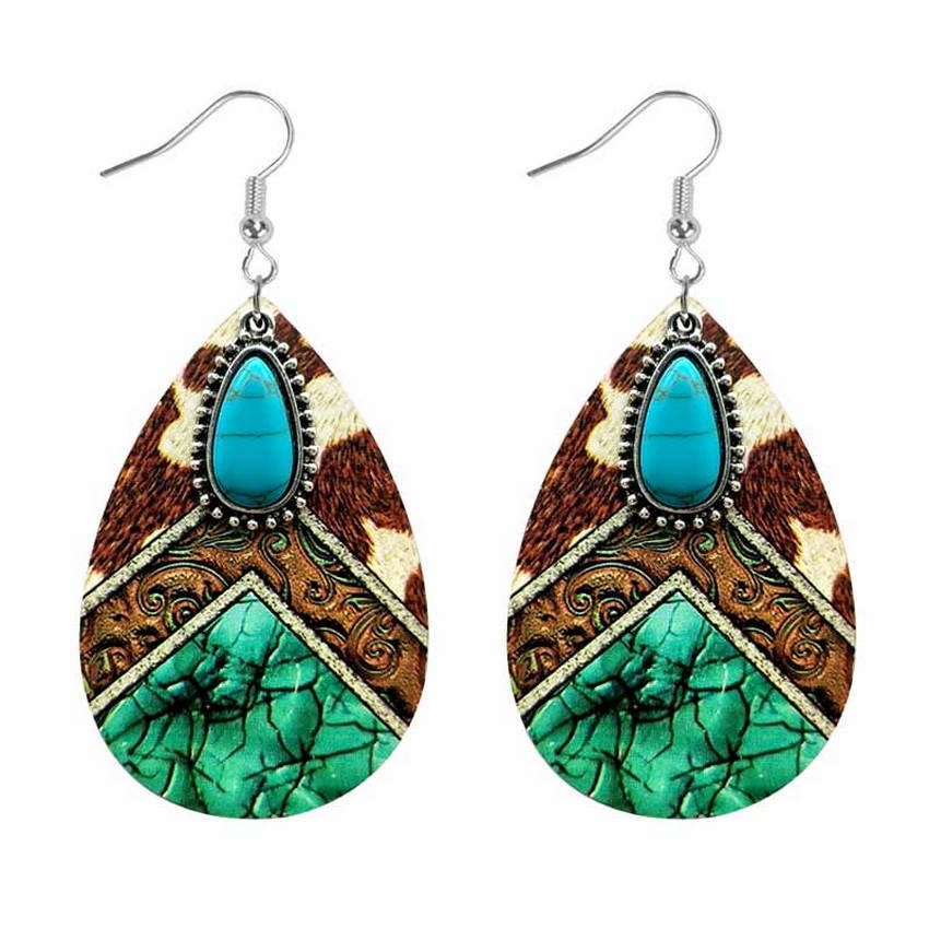 Western Style Cow Pattern Turquoise Leather Drop Earrings