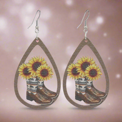 Western Style Sunflower Bull Head Wooden Earrings