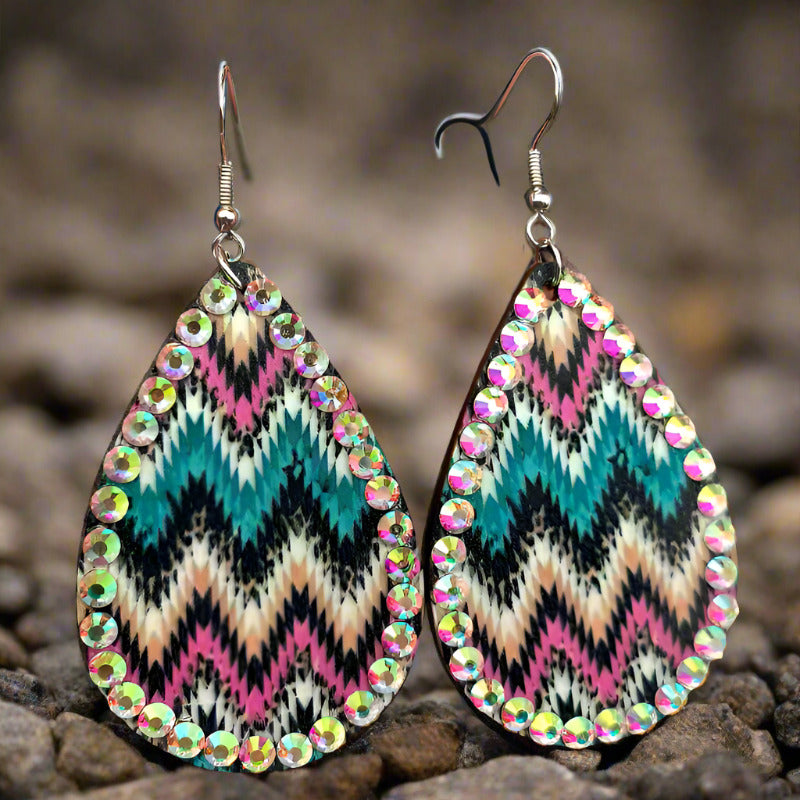 Western Style Aztec Diamond Studded Leather Drop Earrings