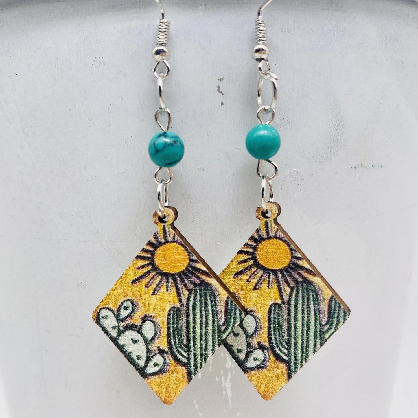 Western Style Turquoise Cactus Sunset Wooden Earrings