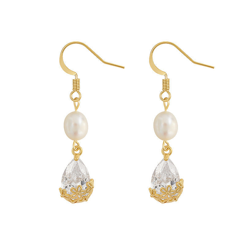 Wholesale Real Gold Plated Carved Water Drop Stone 925 Silver Earrings