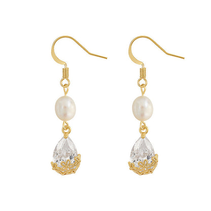 Wholesale Real Gold Plated Carved Water Drop Stone 925 Silver Earrings