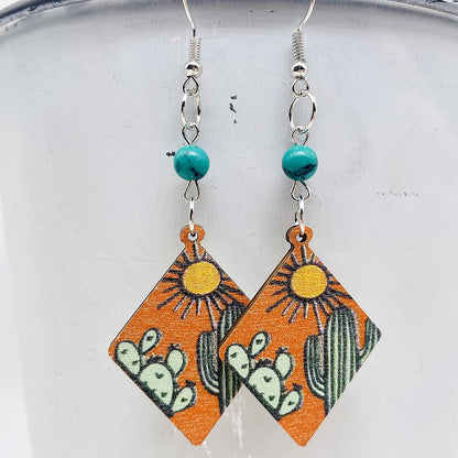 Western Style Turquoise Cactus Sunset Wooden Earrings