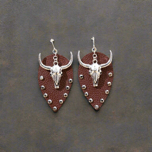 Western Cowboy Bullhead Leather Earrings