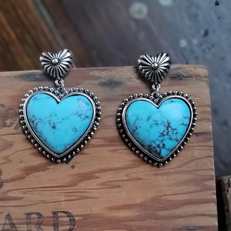 Western Style Heart Red Turquoise Earrings