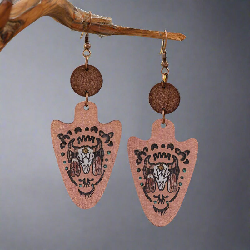 Western Vintage Style Arrow Carved Cactus Wooden Earrings