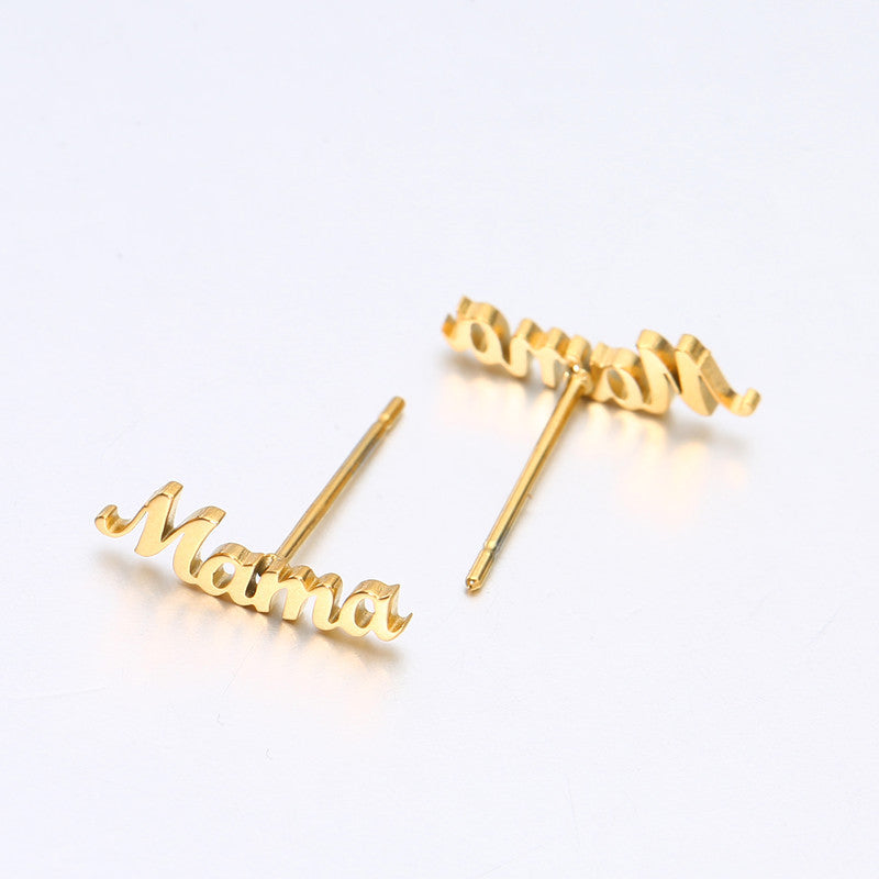 Wholesale Mother's Day Titanium Steel Letters Gold Plated Ear Studs