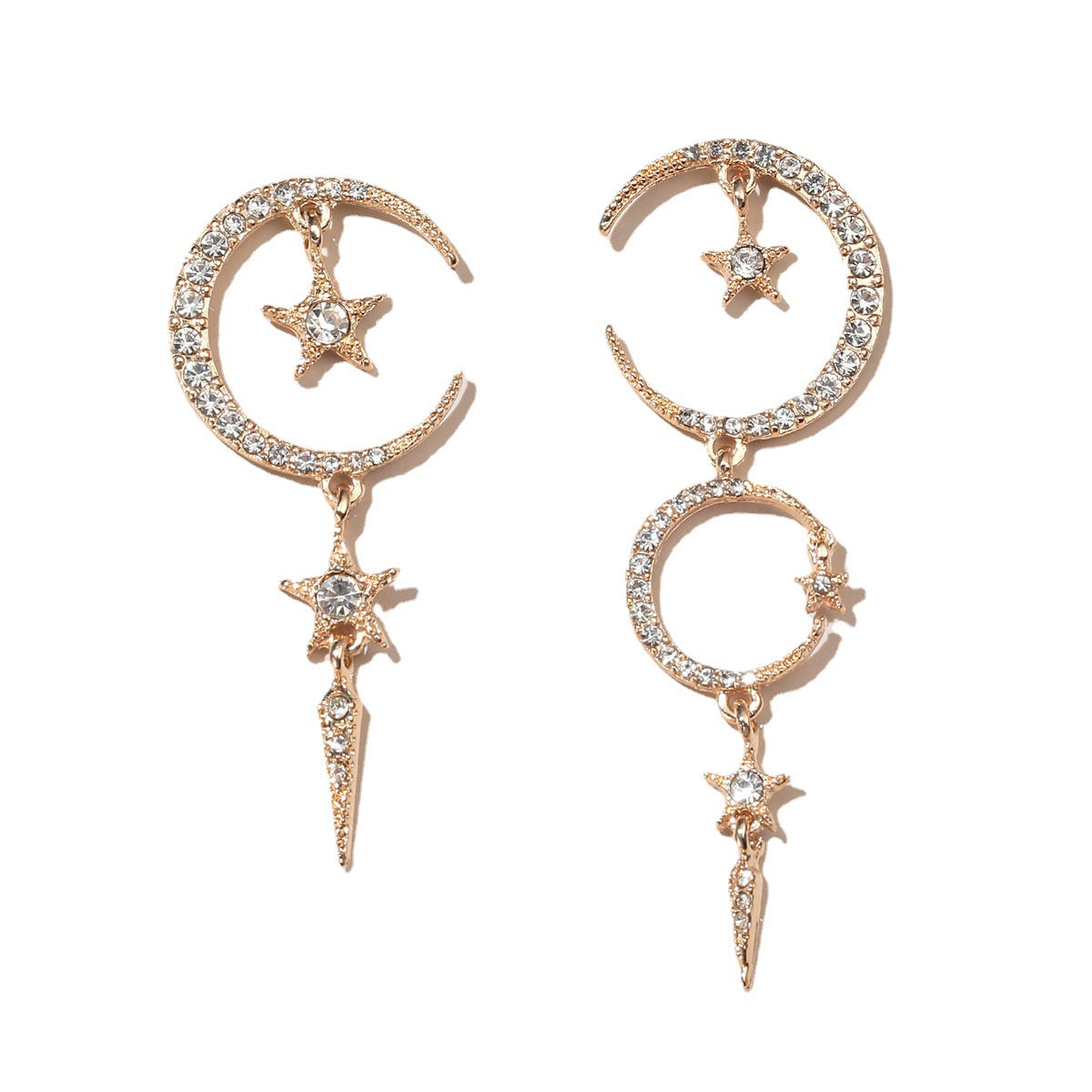 Alloy Diamond Asymmetric Star Moon Earrings