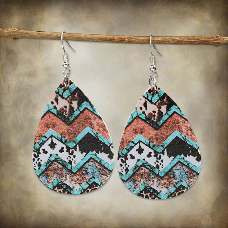 Vintage Western Cow Pattern Droplet Leather Earrings