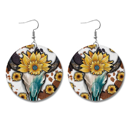 Western Style Sunflower Cow Leather Earrings