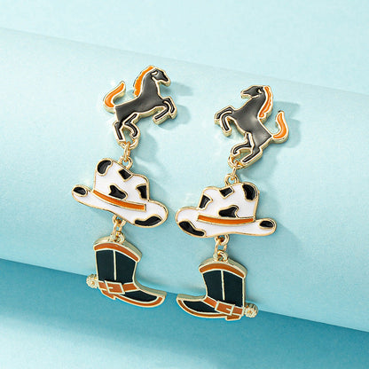 Western Style Cow Pattern Cowboy Hat Boots Earrings