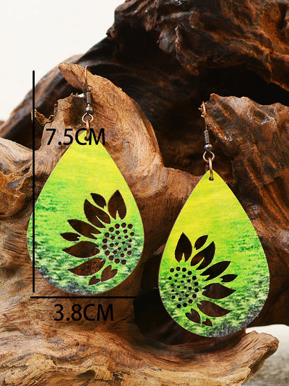 Western Style Sunflower Wooden Double Sided Print Earrings