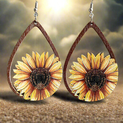 2 Pairs/Pack Western Sunflower Wood Earrings