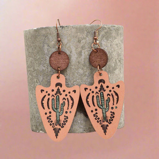 Western Style Cactus Bull Head Wooden Earrings