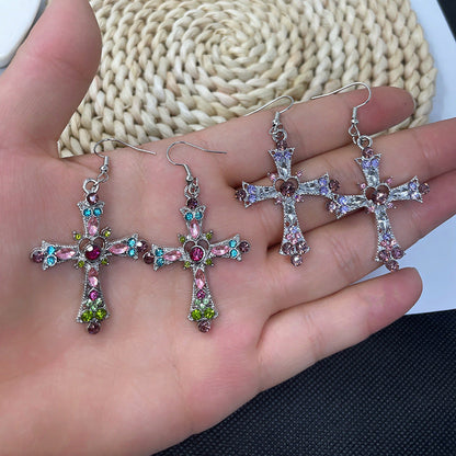 2pairs/pack Bohemian Style Crystal Diamond Color Cross Earrings