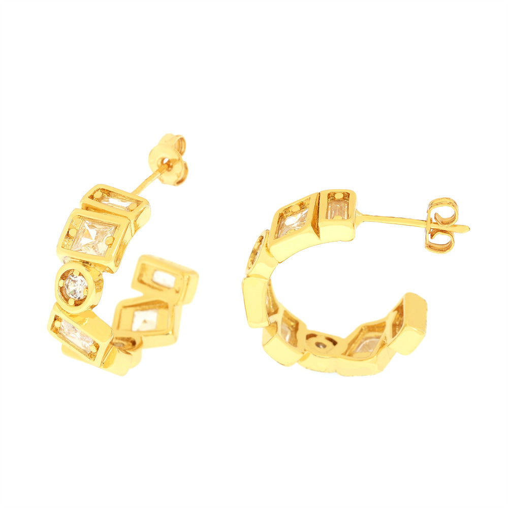 18K Copper Gold Plated Zircon C-shaped Earrings