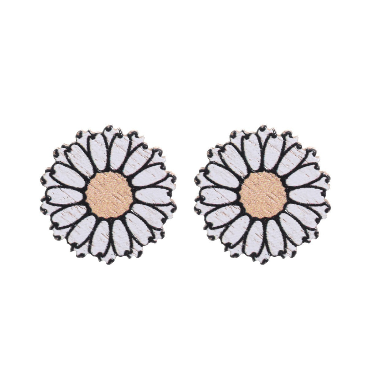 Western Style Sunflower Flower Chrysanthemum Pattern Wooden Earrings