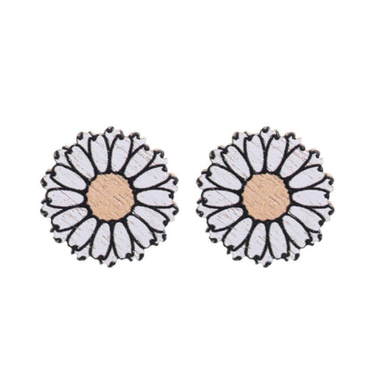 Western Style Sunflower Flower Chrysanthemum Pattern Wooden Earrings