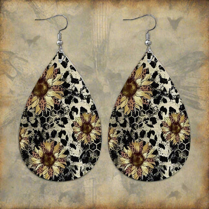 Western Style Sunflower Cow Leather Earrings