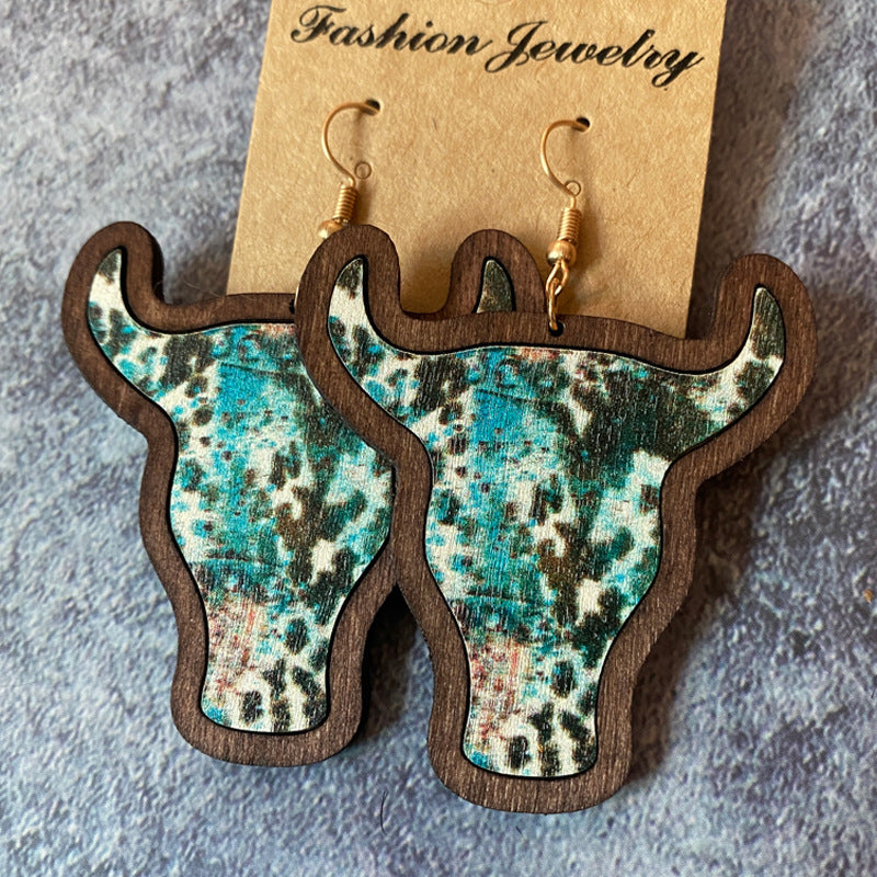 Western Vintage Bull Head Inlaid Wooden Earrings